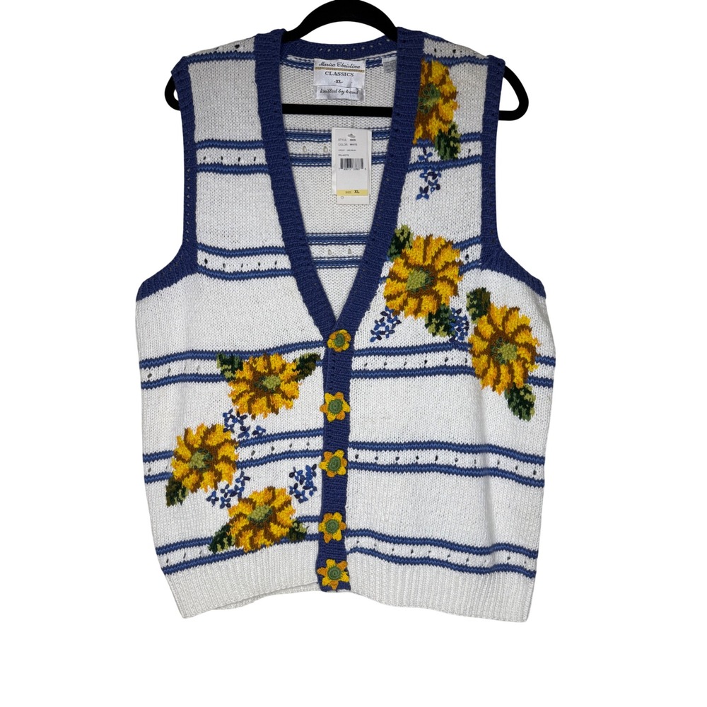 NEW Vintage Marissa Christina Sweater Vest White & Blue Sunflower SZ XL Farmcore